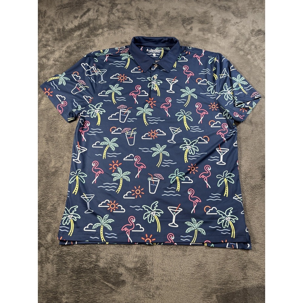 Chubbies Polo Shirt Mens XL Blue Flamingo Cocktail Tropical Print Stretch Tech